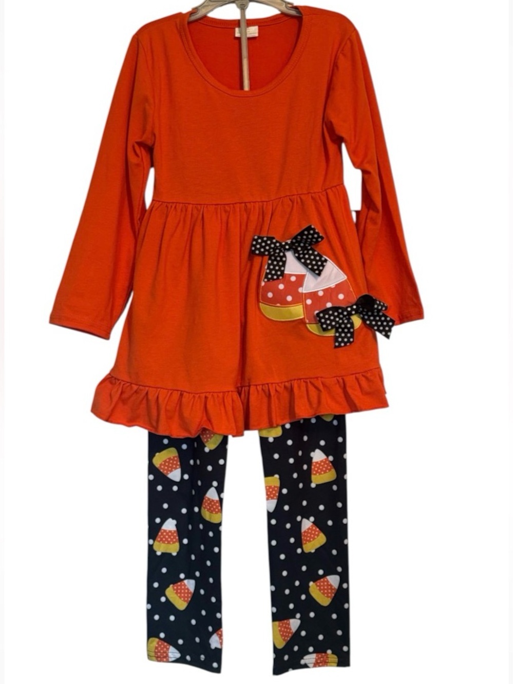 Girls Orange Candy Corn Tunic Legging 2 Piece Set Halloween Costume Size 7/8 New